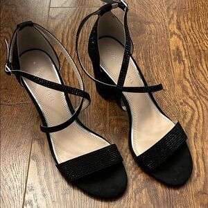 Black Rhinestone Block Heel Sandal with Cross Ankle Strap
